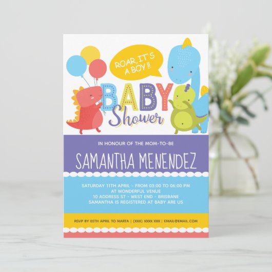 Junge oder Mädchen Dinosaur Kinderdusche Einladung (Stehend Vorderseite)