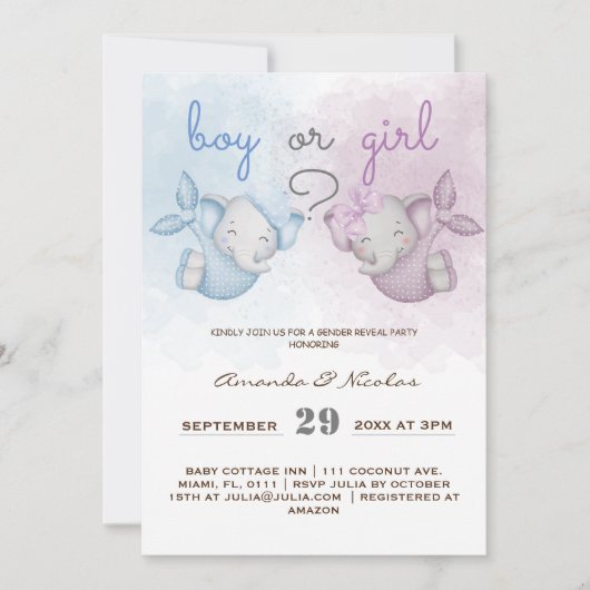 Junge oder Mädchen Elefant rosa blaues Geschlecht  Einladung (Vorderseite)
