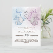 Junge oder Mädchen Elefant rosa blaues Geschlecht Einladung (Stehend Vorderseite)