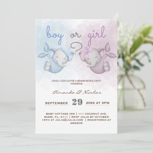Junge oder Mädchen Elefant rosa blaues Geschlecht Einladung (Stehend Vorderseite)