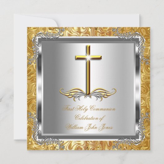 Junge oder Mädchen Erste 1. Heilige Kommunion Gold Einladung (Vorderseite)