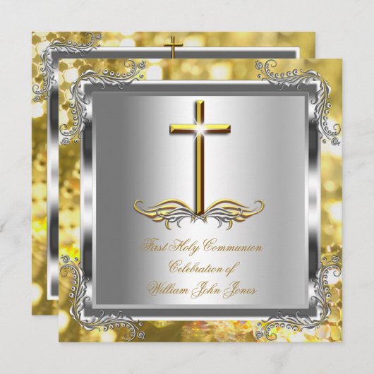 Junge oder Mädchen Erste 1. Heilige Kommunion Gold Einladung (Vorne/Hinten)
