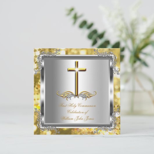 Junge oder Mädchen Erste 1. Heilige Kommunion Gold Einladung (Stehend Vorderseite)