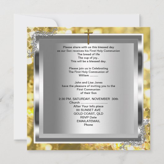 Junge oder Mädchen Erste 1. Heilige Kommunion Gold Einladung (Rückseite)