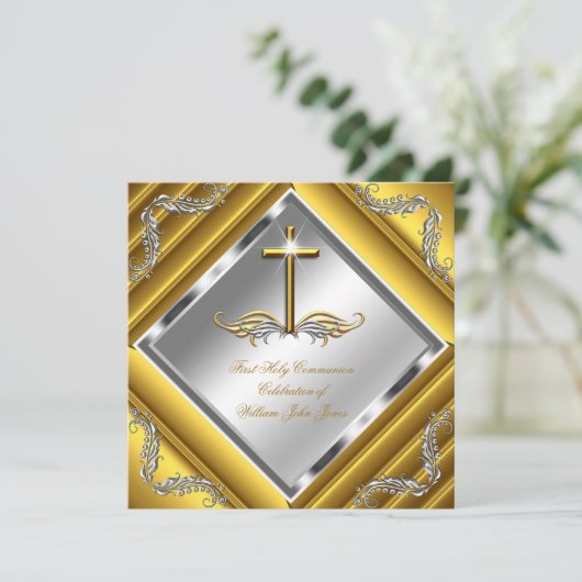 Junge oder Mädchen Erste heilige Kommunion Gold Si Einladung (Stehend Vorderseite)