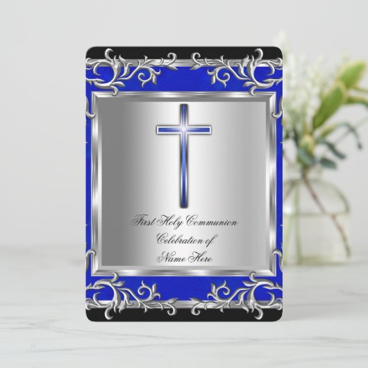 Junge oder Mädchen Erste heilige Kommunion Silver  Einladung (Stehend Vorderseite)