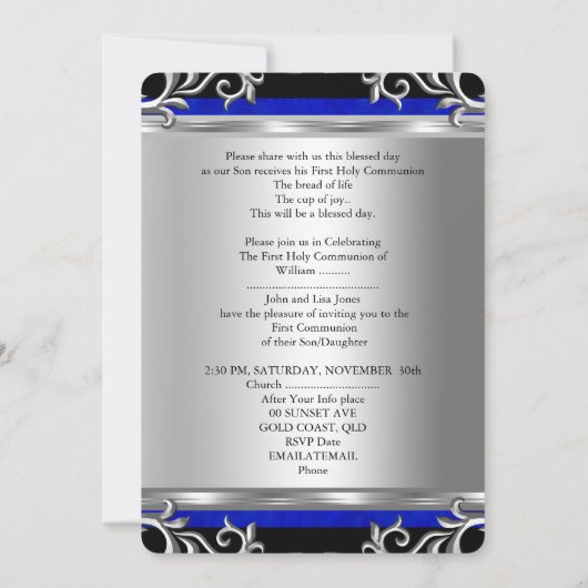 Junge oder Mädchen Erste heilige Kommunion Silver  Einladung (Rückseite)