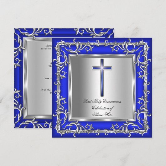 Junge oder Mädchen Erste heilige Kommunion Silver  Einladung (Vorne/Hinten)