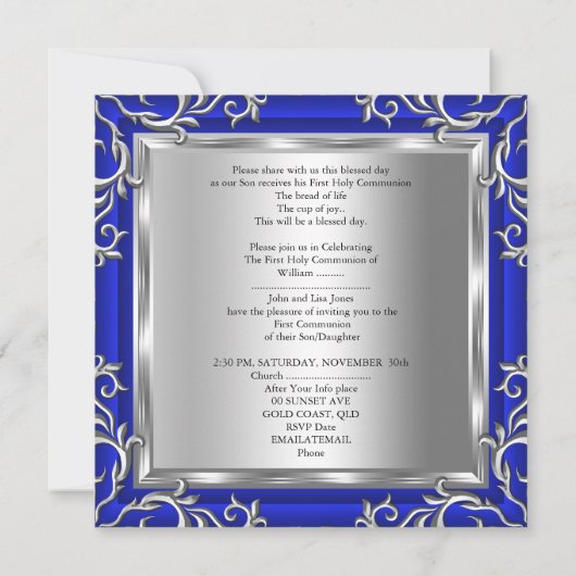 Junge oder Mädchen Erste heilige Kommunion Silver  Einladung (Rückseite)