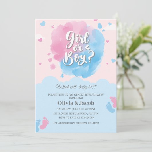 Junge oder Mädchen Füße Geschlecht zeigen Party Einladung (Stehend Vorderseite)