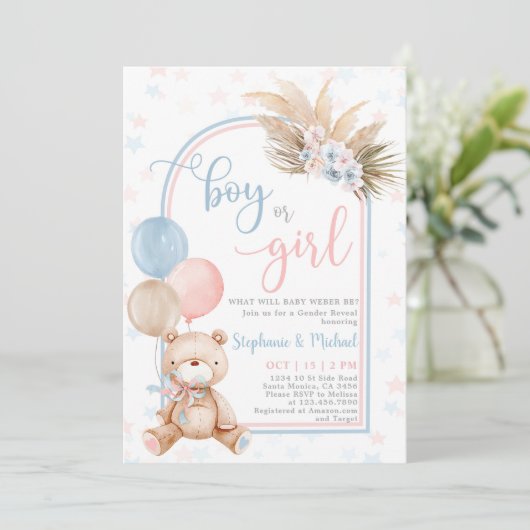 Junge oder Mädchen Gender Reveal Teddy Bärenballon Einladung (Stehend Vorderseite)