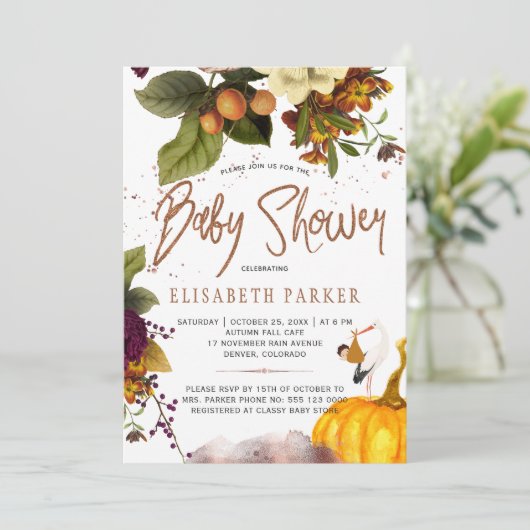 Junge oder Mädchen Herbst rostig florale Babydusch Einladung (Stehend Vorderseite)