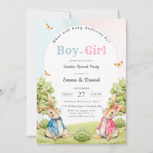 Junge oder Mädchen Peter The Rabbit Gender Reveal  Einladung (Vorderseite)