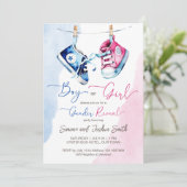 Junge oder Mädchen pinkblaues Geschlecht der Baby- Einladung (Stehend Vorderseite)