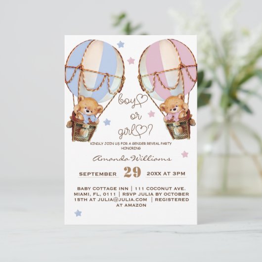 Junge oder Mädchen rosa blaue Bärengeschlecht offe Einladung (Stehend Vorderseite)