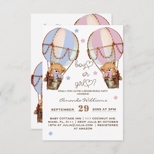 Junge oder Mädchen rosa blaue Bärengeschlecht offe Einladung (Vorne/Hinten)