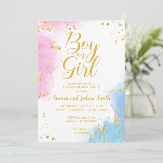 Junge oder Mädchen Rosa und Blau Gold Geschlecht o Einladung (Stehend Vorderseite)