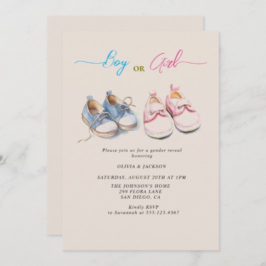 Junge oder Mädchen Sneakers Beige Gender Reveal Pa Einladung (Vorne/Hinten)
