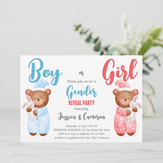 Junge oder Mädchen Teddy Bär Geschlecht aufdecken  Einladung (Stehend Vorderseite)