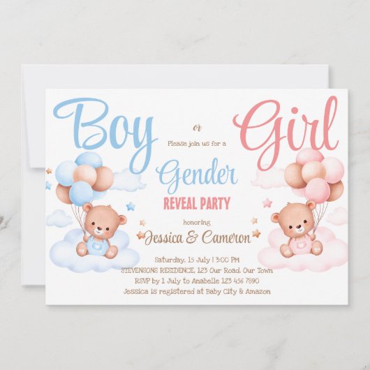 Junge oder Mädchen Teddy Bär Geschlecht aufdecken Einladung (Vorderseite)