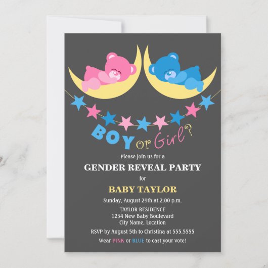 Junge oder Mädchen Teddy Bears Geschlecht offenbar Einladung (Vorderseite)