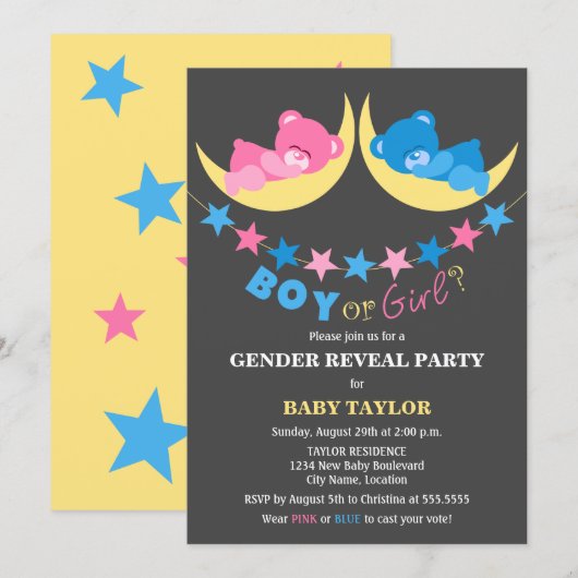 Junge oder Mädchen Teddy Bears Geschlecht offenbar Einladung (Vorne/Hinten)