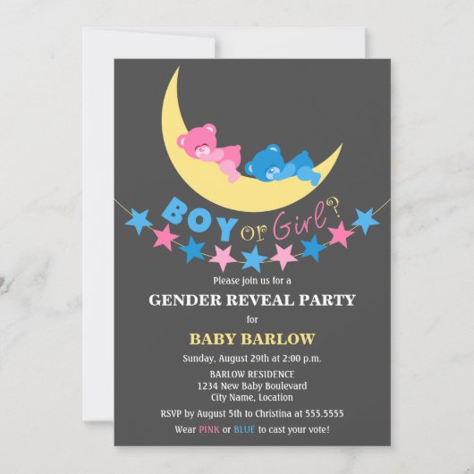 Junge oder Mädchen Teddy Bears Geschlecht offenbar Einladung (Vorderseite)