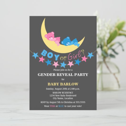 Junge oder Mädchen Teddy Bears Geschlecht offenbar Einladung (Stehend Vorderseite)