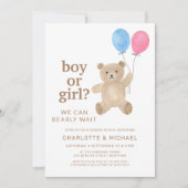 Junge oder Mädchen Teddybär-Ballon Geschlechtsenth Einladung (Vorderseite)