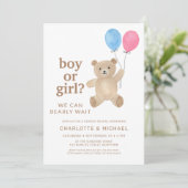 Junge oder Mädchen Teddybär-Ballon Geschlechtsenth Einladung (Stehend Vorderseite)