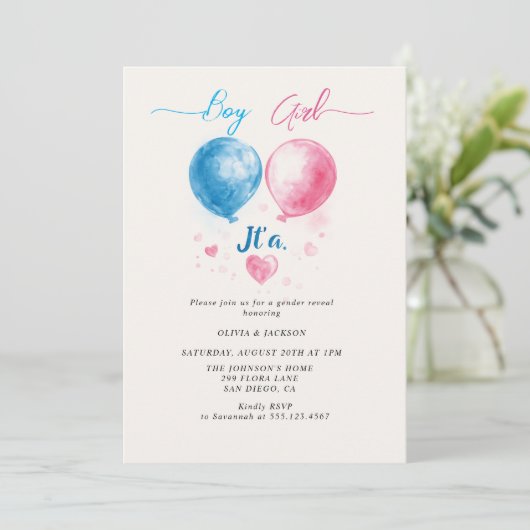 Junge oder Mädchen und Ballone Gender Reveal Party Einladung (Stehend Vorderseite)