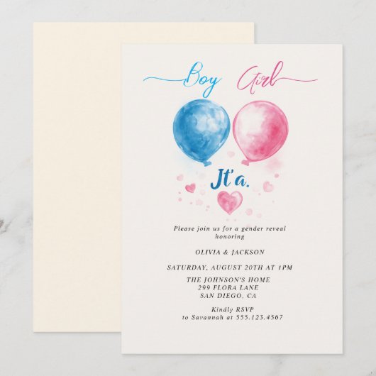 Junge oder Mädchen und Ballone Gender Reveal Party Einladung (Vorne/Hinten)