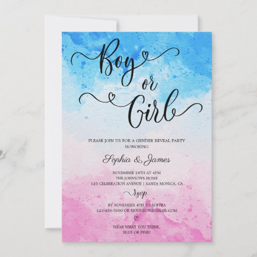 Junge oder Mädchen Wasserfarbe Blau und Rosa Gesch Einladung (Vorderseite)