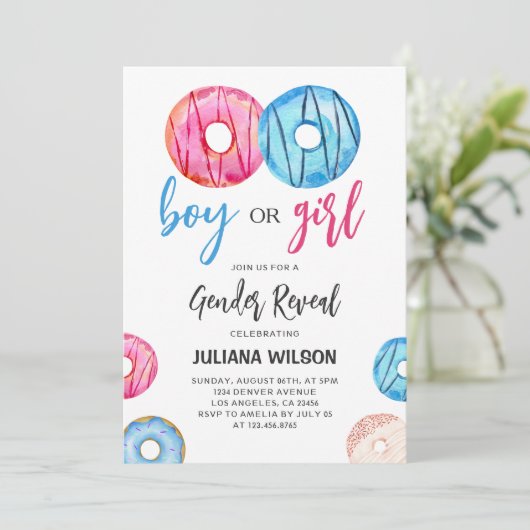 Junge oder Mädchen Wasserfarbe Donut Gender-Offenb Einladung (Stehend Vorderseite)