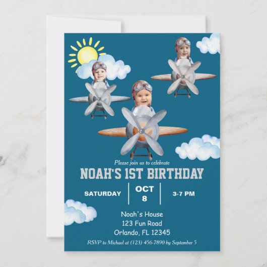 Junge Pilot, Flugzeug & Cloud, Foto zum ersten Geb Einladung (Vorderseite)