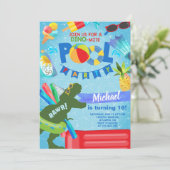 Junge Pool Party Geburtstagseinladung, Dinosaurier Einladung (Stehend Vorderseite)