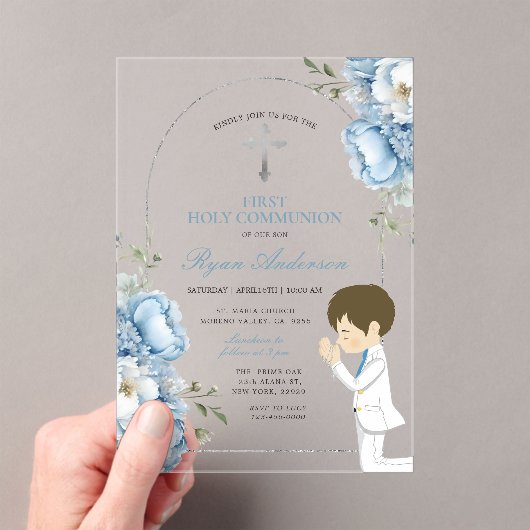 Junge Pracht Erste Heilige Kommunion Dusty Blue Fl Acryleinladungen (Insitu (Handheld))