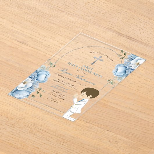 Junge Pracht Erste Heilige Kommunion Dusty Blue Fl Acryleinladungen (Ablage )