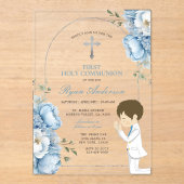 Junge Pracht Erste Heilige Kommunion Dusty Blue Fl Acryleinladungen (Vorderseite)