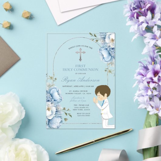 Junge Pracht Erste Heilige Kommunion Dusty Blue Fl Acryleinladungen (In Situ (Hochzeit))