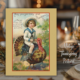 Junge reitet auf Truthahn Vintage-Thanksgiving Postkarte