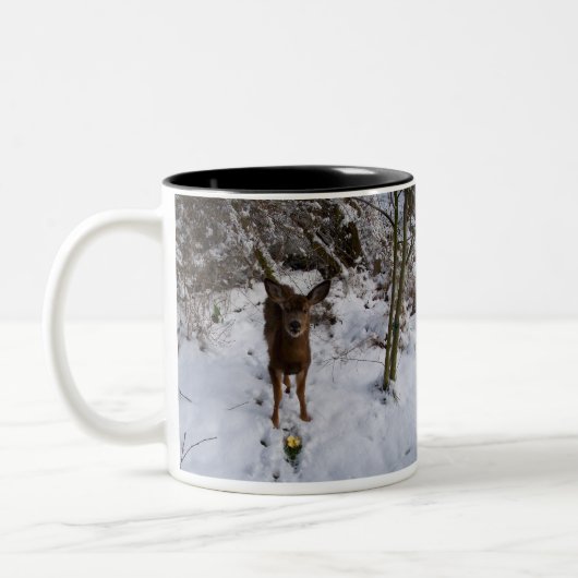 Junge Rotwild im Winter Zweifarbige Tasse (Links)