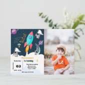 Junge Schiff Weltraum Planet Geburtstagsparty Einladung (Stehend Vorderseite)