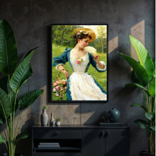 Junge Schönheit mit einem Korb Rosen Poster