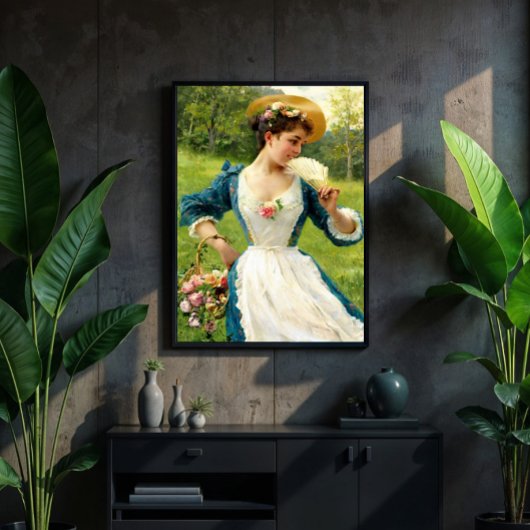 Junge Schönheit mit einem Korb von Rose Poster