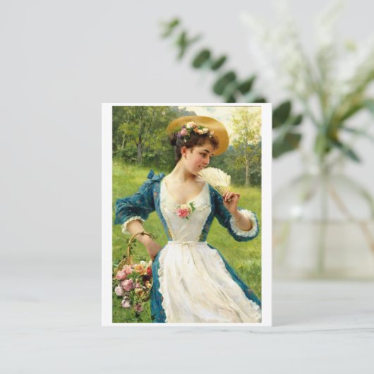 Junge Schönheit mit einem Korb von Rose Postkarte (Stehend Vorderseite)