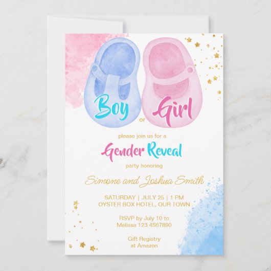 Junge Schuhe Junge oder Mädchen rosa blaues Geschl Einladung (Vorderseite)