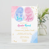 Junge Schuhe Junge oder Mädchen rosa blaues Geschl Einladung (Stehend Vorderseite)