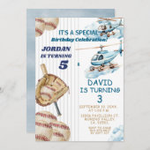 Junge Sibling Baseball und Flugzeug Joint Geburtst Einladung (Vorne/Hinten)