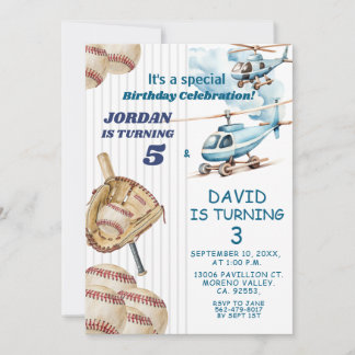 Junge Sibling Baseball und Flugzeug Joint Geburtst Einladung